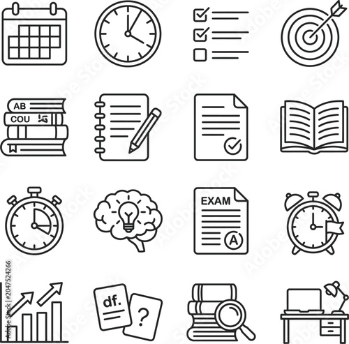 Education learning icons set with clock calendar book and study symbols