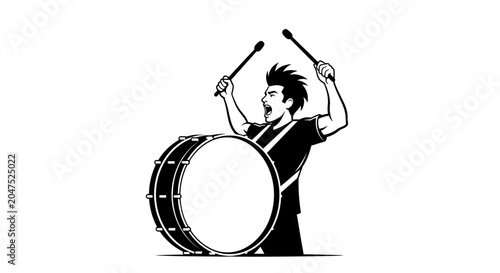 Canvastavla A black and white illustration of a passionate drummer playing a large bass drum
