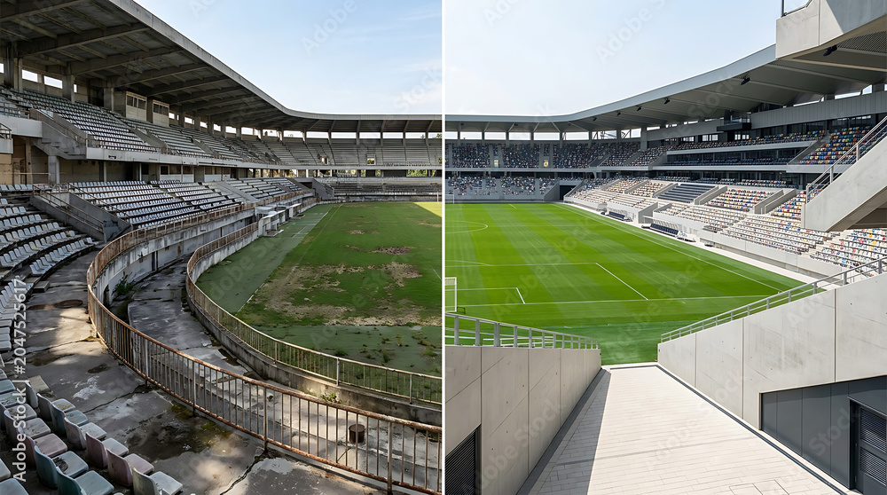 Fototapeta premium Comparison of a dilapidated, old football stadium with a modern, pristine sports arena showcasing renovation effects and