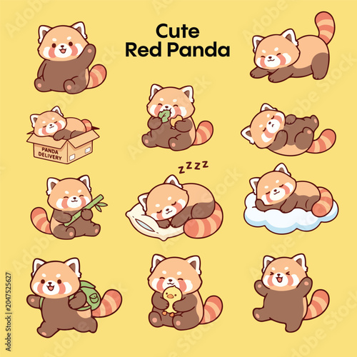 Canvas Print Set of Funny Cartoon Red Panda Vector Illustration