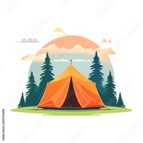 Orange camping tent in forest with sunset sky