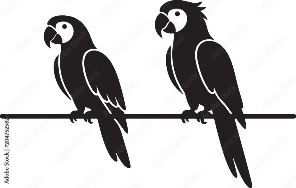 Fototapeta premium Parrot silhouette set. Bird on branch vector icon. Tropical parakeet black shapes. Exotic wildlife minimalist design. Animal silhouettes for logo. Flat vector bird collection. Sitting parrot isolated 