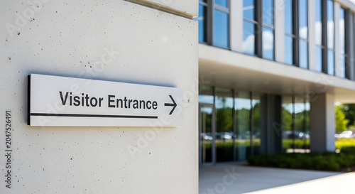 Visitor Entrance Sign on Concrete Wall of Modern Office Building