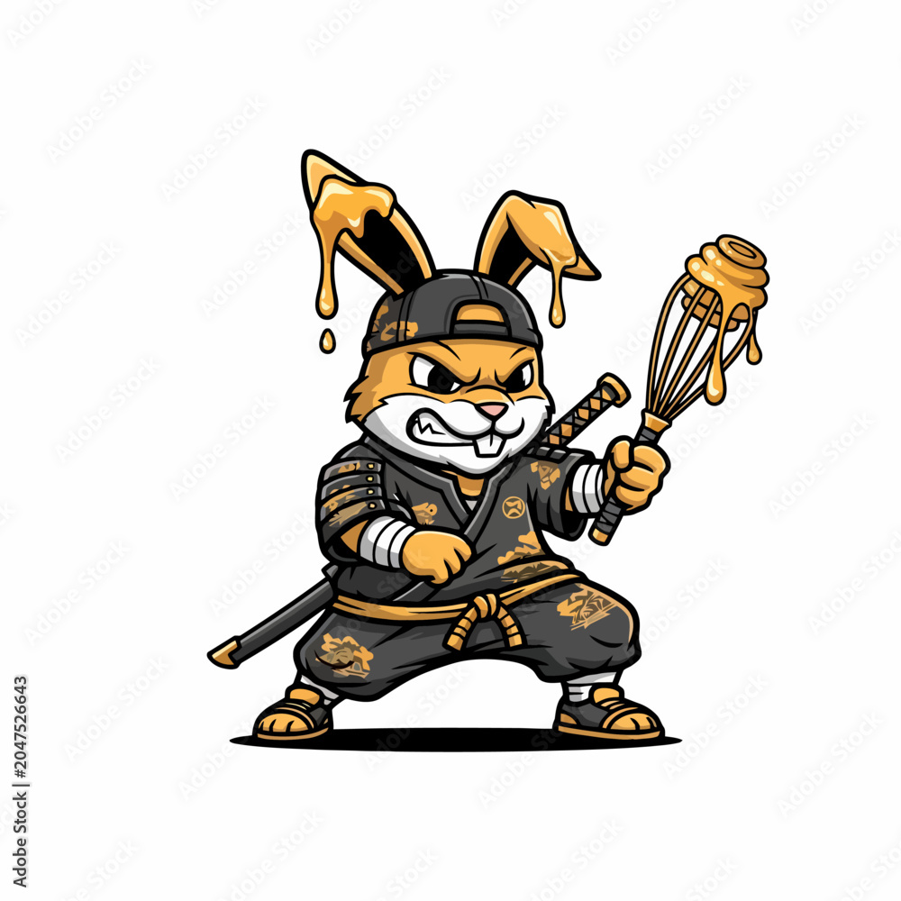 Obraz premium Fierce Rabbit Warrior Holding Kitchen Whisk Weapon.