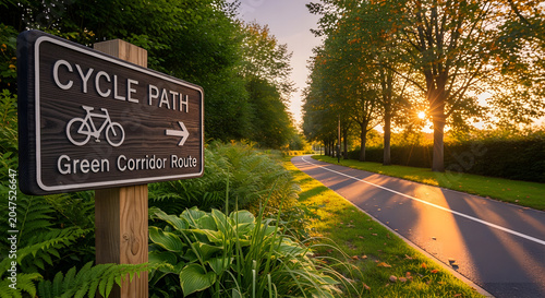 Wooden Cycle Path and Green Corridor Route Sign at Sunset