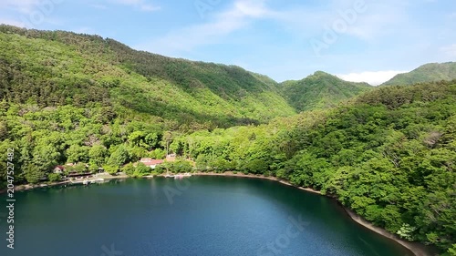 山間部の湖と初夏の緑が広がる大自然の美しいドローン空撮映像