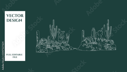 Minimalist cactus plant set for landscape design sketch in white lines on dark background.