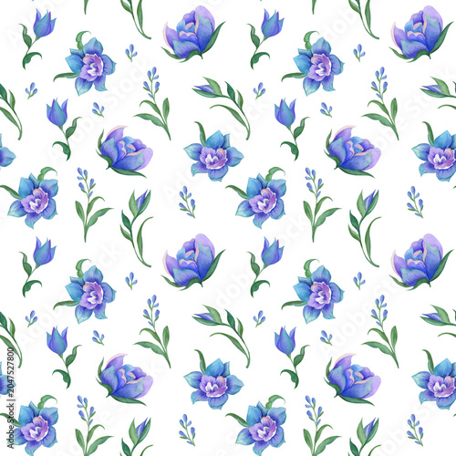  Fabric pattern with blue and white flowers and green leaves on a white background. Composition perfect for  wrapping paper, textile, wallpaper, print and décor. 
