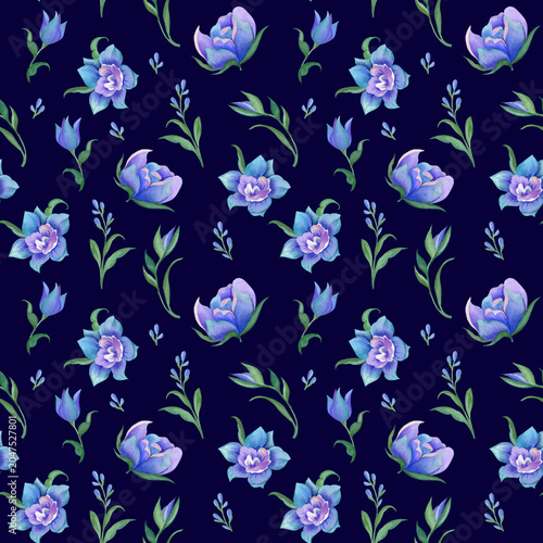 Seamless watercolor pattern with blue painted  flowers and green foliage on a navy blue background.  Elegant composition  for print on a digital paper,  wallpapers and textile.