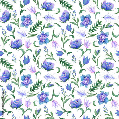 Seamless  pattern featuring blue flowers and green leaves on a clean white background. Hand drawn watercolor illustration  for  print on  wallpaper, wrapping paper, textile.       