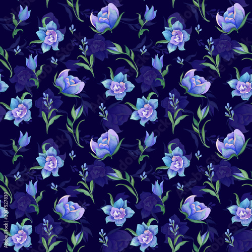 Elegant seamless  pattern featuring blue flowers and green foliage on a dark navy background, watercolor illustration ready for print on fabric, wallapaper. 