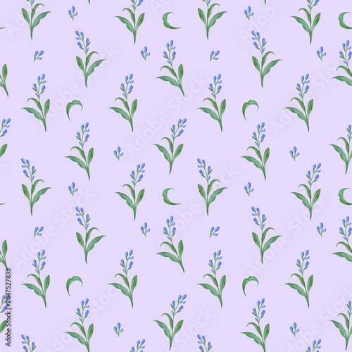 Elegant  pattern with small blue flowers and green stems on a soft lavender background. Better for wallpaper, textile, scrapbooking and wrapping paper.