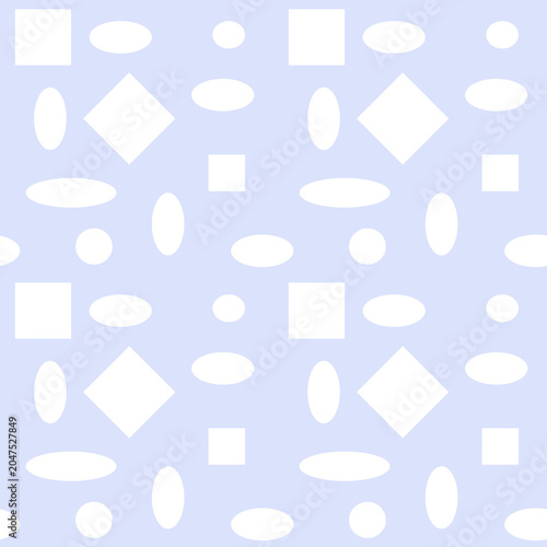 Minimal seamless geometric pattern with white squares, diamonds, and ovals on a soft pastel blue background.