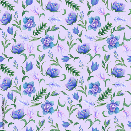 Seamless Blue Watercolor Floral Pattern on Soft Lavender Background. Hand drawn illustration for textile, wallpaper, wrapping paper. 