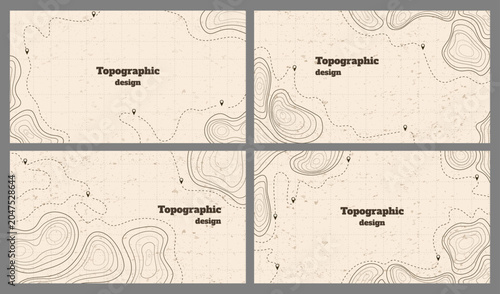 Vector illustration. Topographic map concept. Set of minimal panoramic banners with retro graphics, marks, and trails. Line art pattern design on textured paper. Design for web banner, presentation