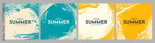 Vector illustration. Hand-drawn abstract frame set. Ink brush strokes mess. Design for social media template, web banner, advertisement. Banner halftone overlay. Summer vibe color palette