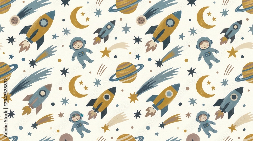 Fototapeta premium Whimsical pattern showcasing happy astronauts, rockets, and planets exploring the night sky