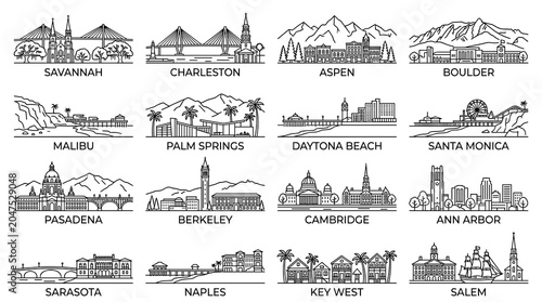 Minimal Black American Coastal and Mountain City Skyline Icon Set, 16 USA Line Art Vector Skylines on White Background