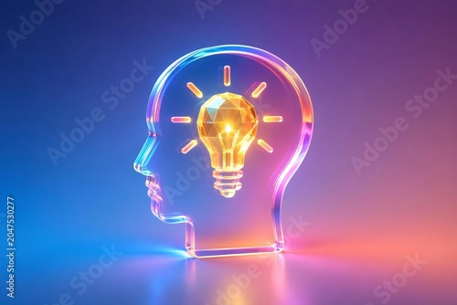 Transparent head silhouette with glowing light bulb on gradient background