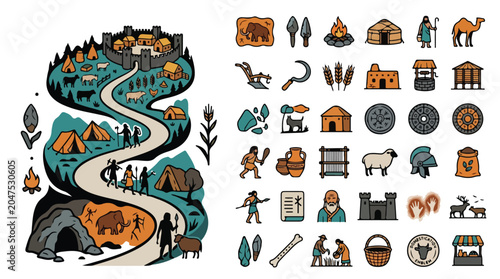 Obraz na płótnie Ancient civilization history vector icons, prehistoric human evolution timeline,