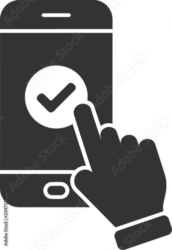 Smartphone screen with hand clicking on checkmark button for confirmation or acceptance on mobile device interface