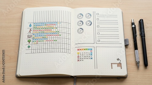 Bullet journal habit tracker with colorful dots and to do list on a wooden desk with pens