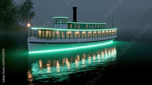 Vintage paddle steamer boat illuminated with green lights on a foggy lake at night