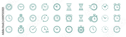 Time and timer icon set with clocks stopwatches hourglasses and editable outline vector collection
