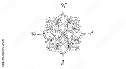 Foto Ornate Compass Rose Design - Elegant Black and White Floral Illustration