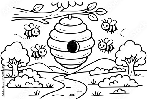honey bees hive cartoon outline hand drawn Line Art illustration doodle art coloring page for kids