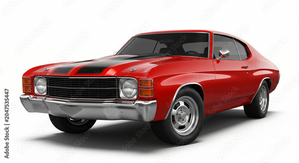 Fototapeta premium Vintage red classic American muscle car with black racing stripes isolated on a white background for automotive design concepts