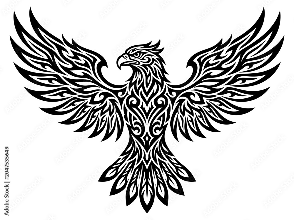 Fototapeta premium A detailed illustration of an eagle with outstretched wings showcasing tribal patterns.