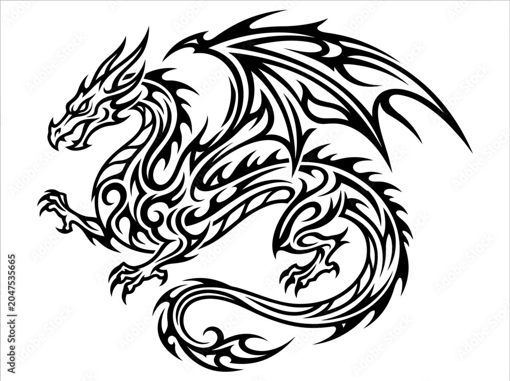 Obraz premium A black dragon illustration depicts the mythical creature in a dynamic pose.
