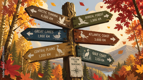 Bild auf Leinwand Autumn Landscape Direction Signpost for Travel & Nature Guides: Seasonal Destina
