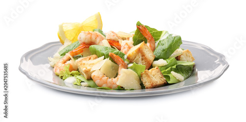 Quadro em tela Delicious Caesar salad with shrimps isolated on white