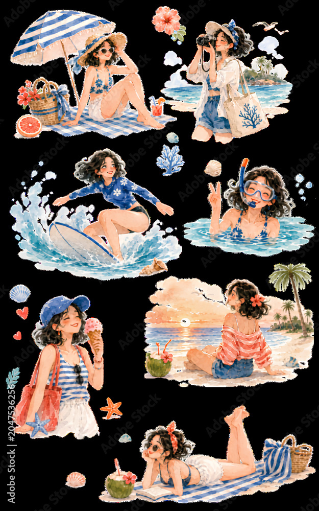 Obraz premium Beach Day Watercolor Sticker Collection