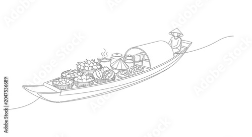 Obraz na płótnie Floating Market Boat with Vendor and Fruits, Sketch Style