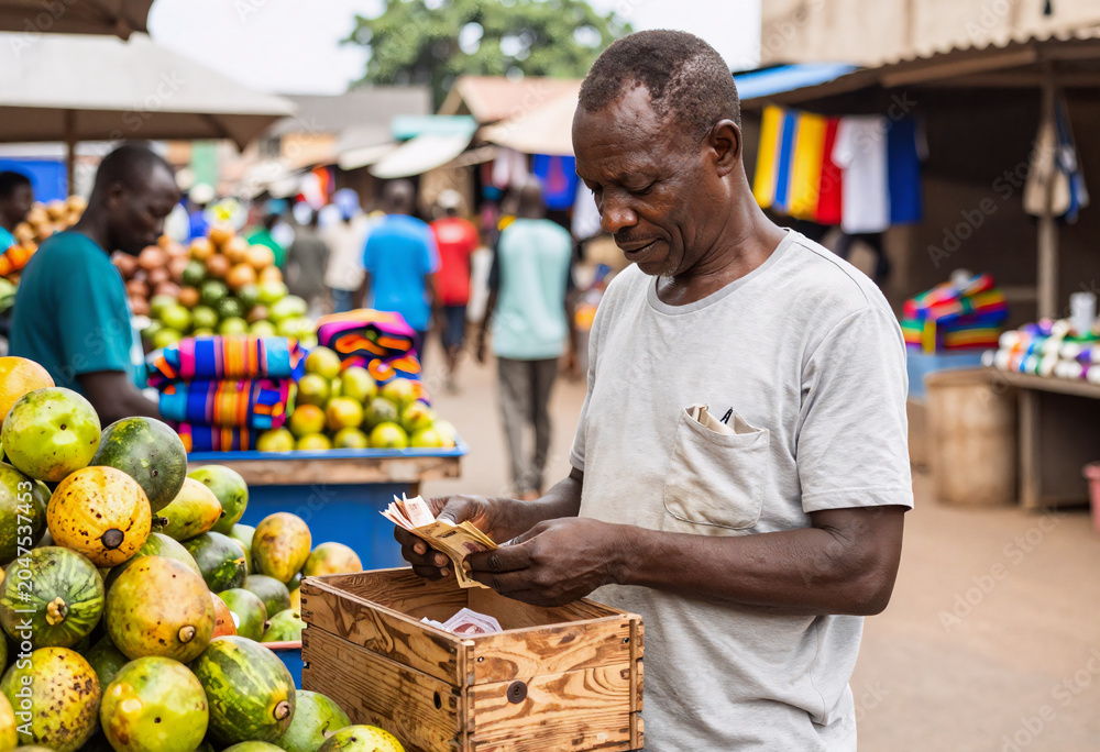 Fototapeta premium African Market Vendor Counting Cash in Dakar