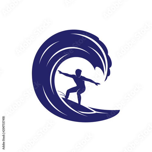 Photography Man surfing on large ocean wave in blue silhouette