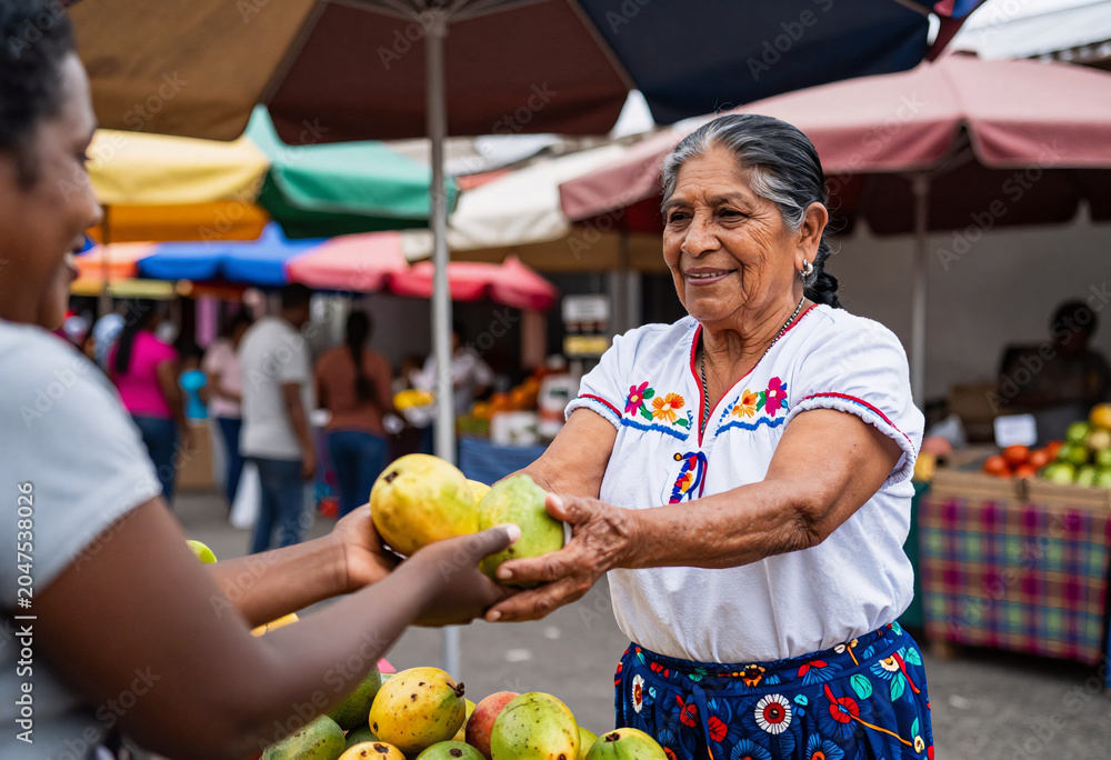 Fototapeta premium Mexican Fruit Vendor Serving African Customer at Outdoor Market