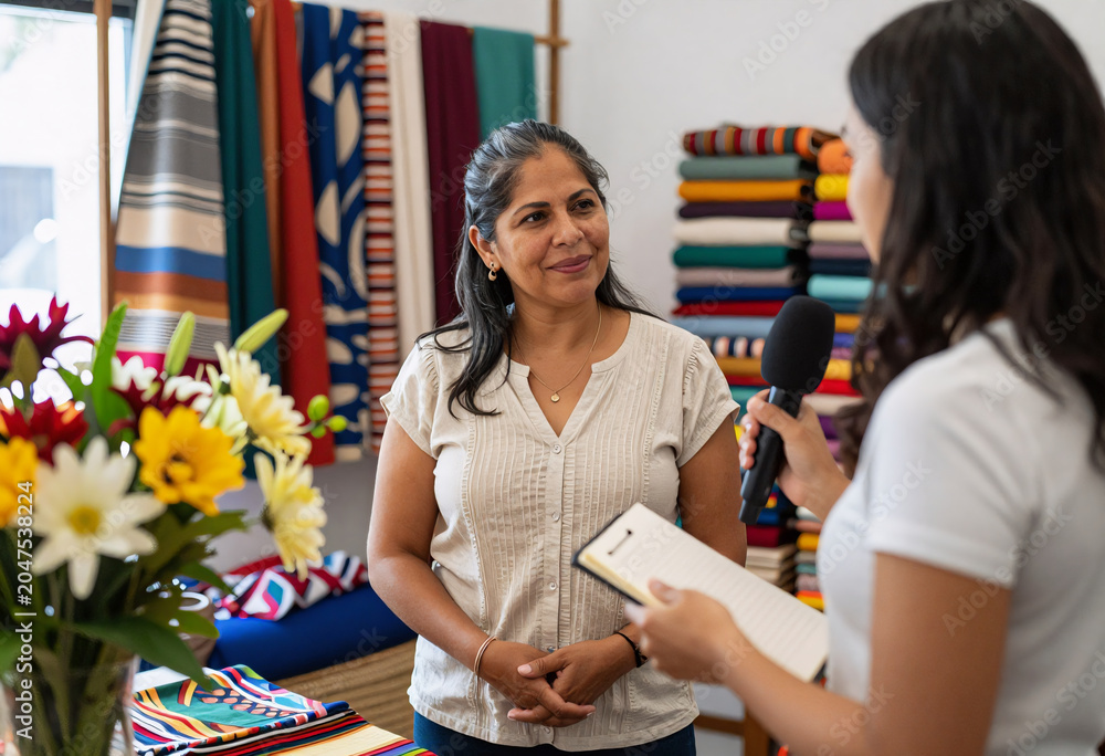 Fototapeta premium Latina Woman Interviewed by Young Journalist at Craft Market