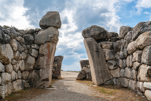 Architectural view of the famous stone-carved King's Gate at the ancient ruins of Hattusa. The monumental gate represents the master masonry and artistic achievements of the Hittite civilization in An