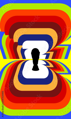 Abstract colorful background with concentric geometric shapes and a central black silhouette of a trophy cup, vibrant pop art style illustration for sports event or competition concept