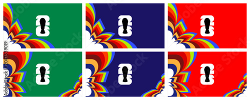 Set of 6 abstract background designs with colorful wave patterns and central trophy icon, modern graphic templates for sports events, tournaments, and championship branding