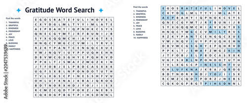 Gratitude word search puzzle with highlighted answers and lists  