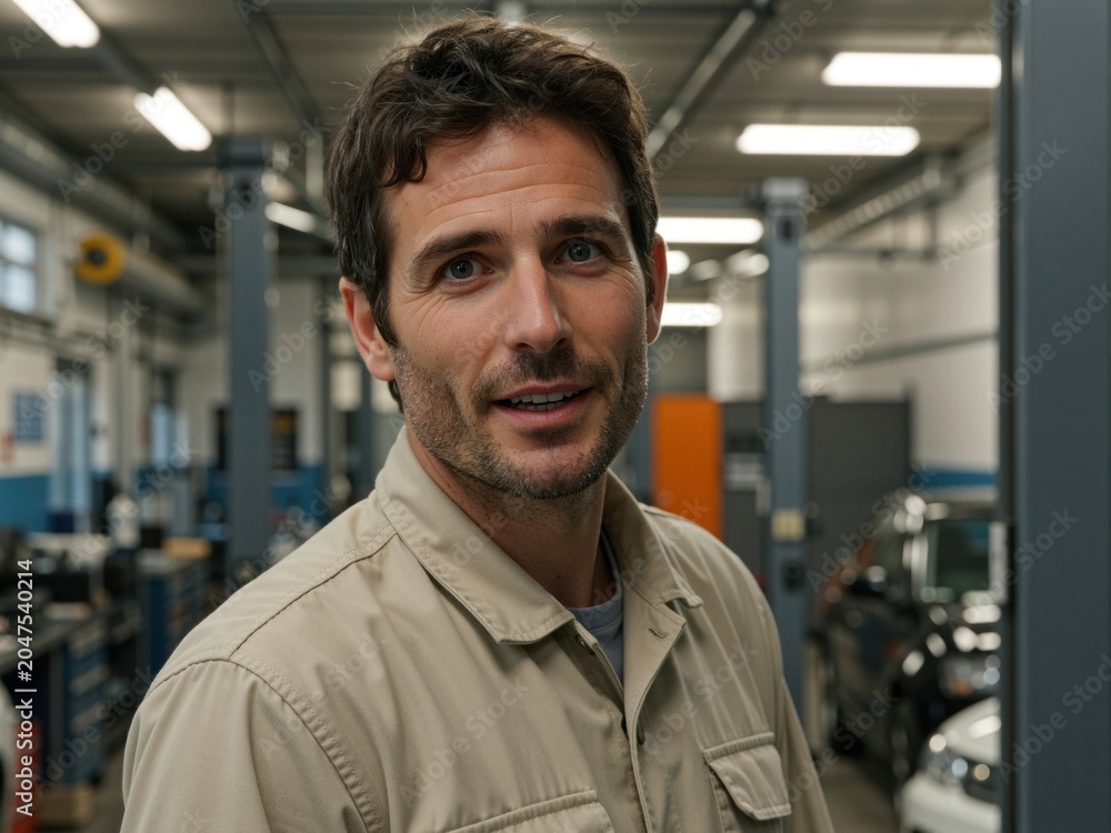 Obraz premium Smiling mechanic standing in auto repair shop