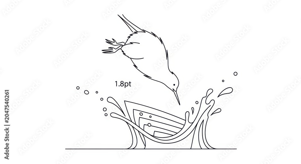 Fototapeta premium Minimalist boat, bird taking flight, line art illustration, water splashes
