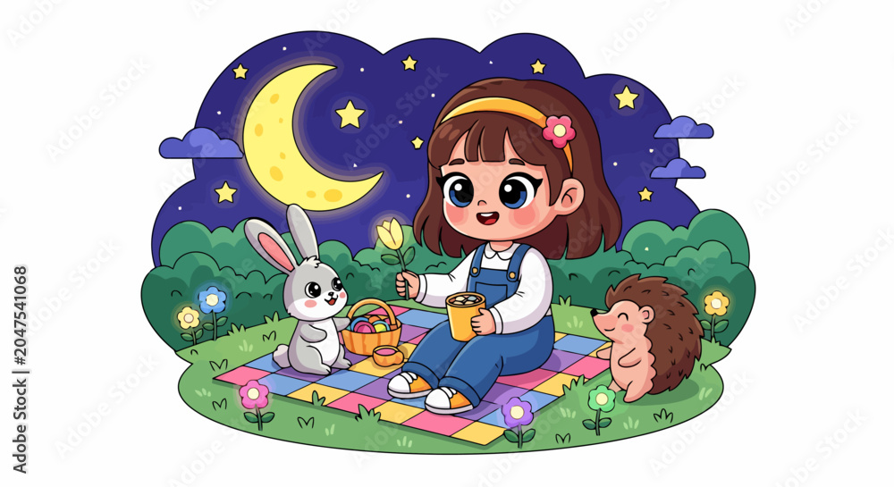 Naklejka premium Cute cartoon girl having a picnic with rabbit and hedgehog under the night sky.