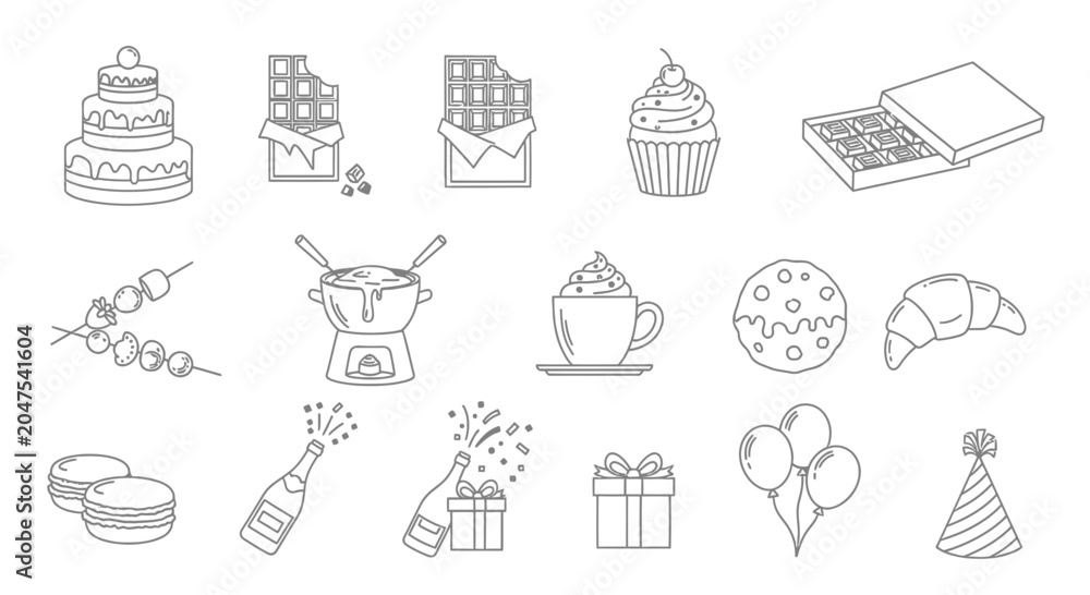 Fototapeta premium Dessert Icons: Cake, Chocolate, Cupcake, Fondue, Croissant, Champagne & Gifts - Line Art