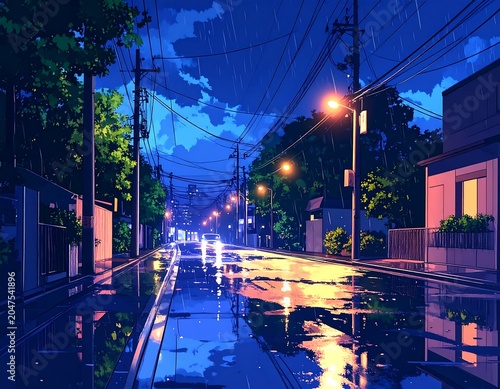 A serene city street at dusk with wet pavement